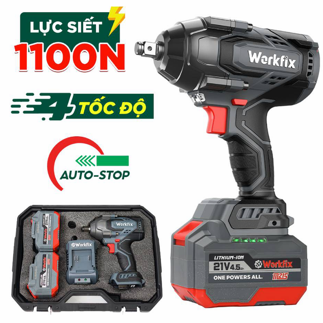 Máy Siết Bulong Workfix WF-IW1100N, lực siết khủng 1100N, mở vặn ốc xe tải, ô tô, xe máy