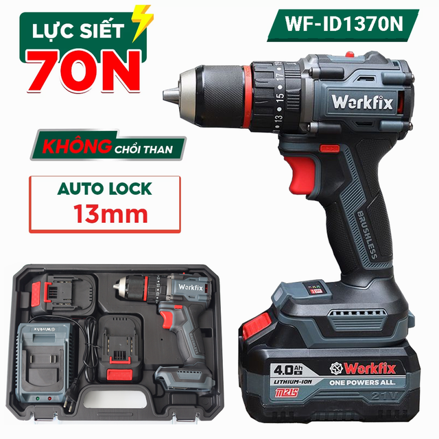 Máy khoan pin 13mm Workfix WF-ID1370N Lực siết 70N.m Autolock Không chổi than, bộ 2 Pin 10Cell ,chân pin phổ thông