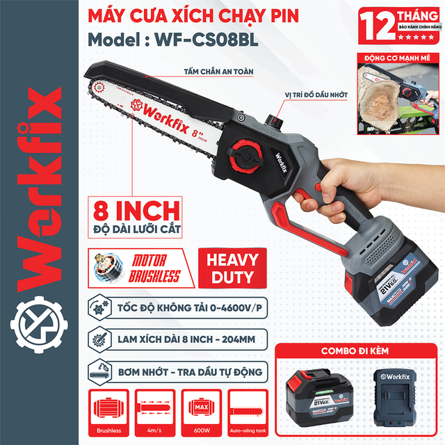 Máy cưa xích pin 8inch WORKFIX WF-CS08BL, Tra Nhớt Tự Động, không chổi than