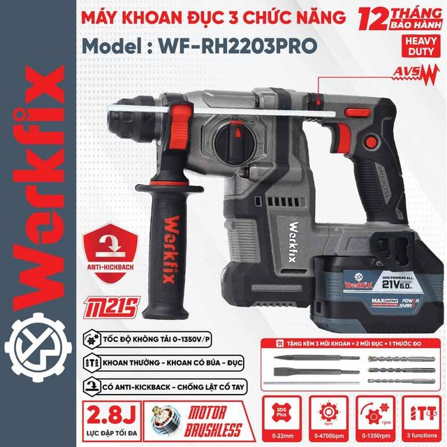 Máy khoan bê tông Workfix WF-RH2203PRO, khoan chống rung AVS, chống lật cổ tay Antikickback